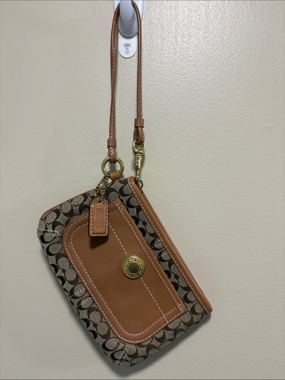 Coach Brown Signature Canvas Wristlet with Tan Leather Trim